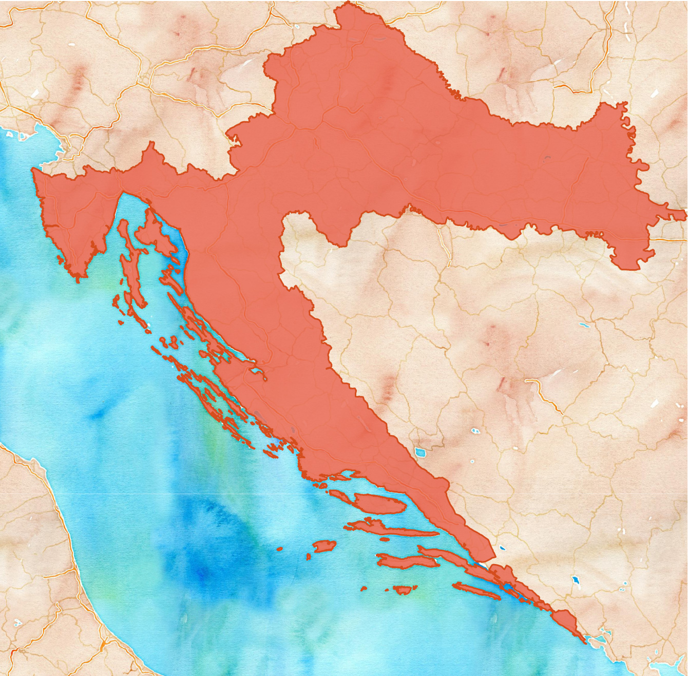 Zemljopisna Karta, Hrvatska označena črljeno